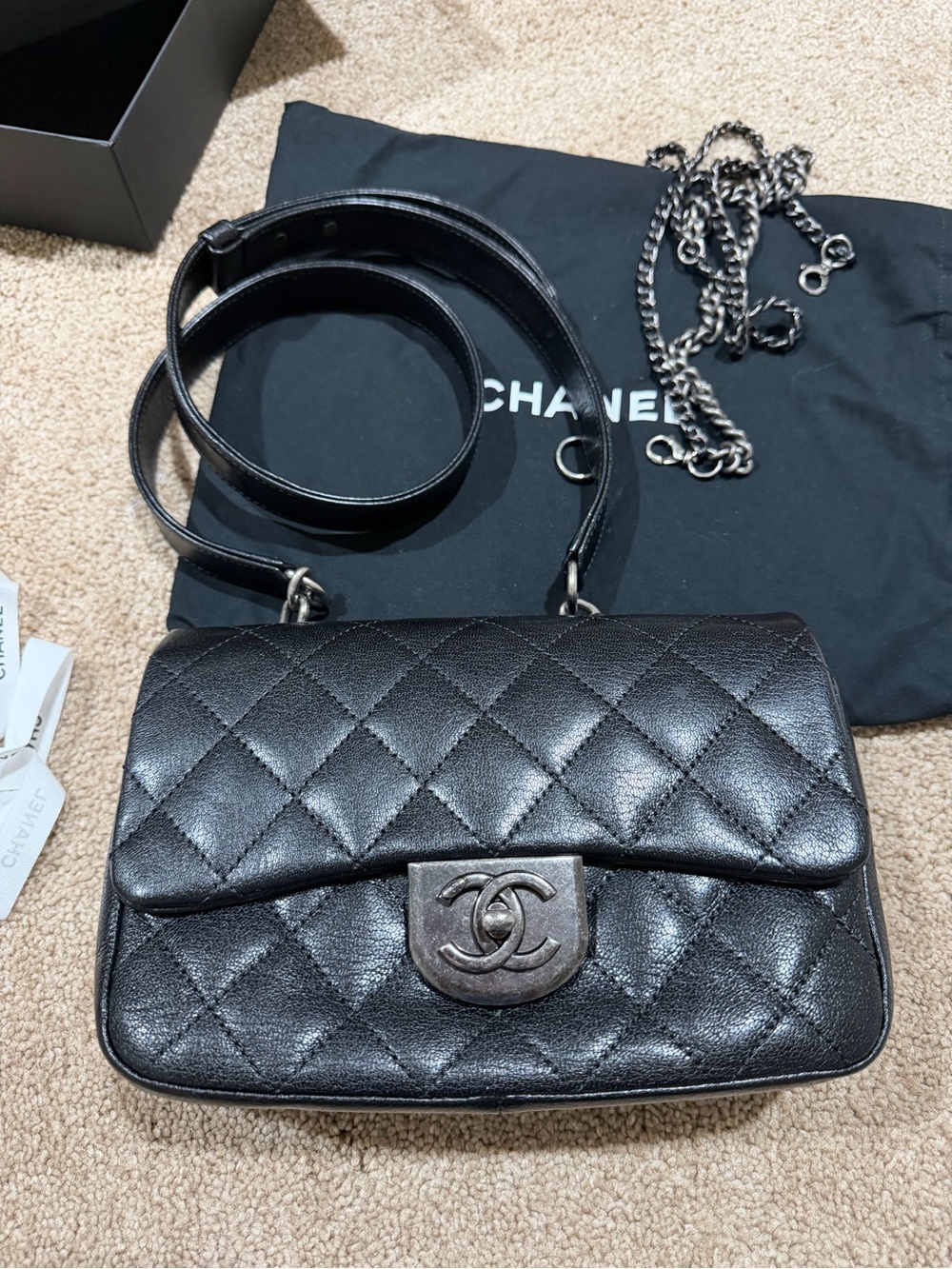 CHANEL Shiny Goatskin Quilted Small Double Carry Waist Chain Flap Black